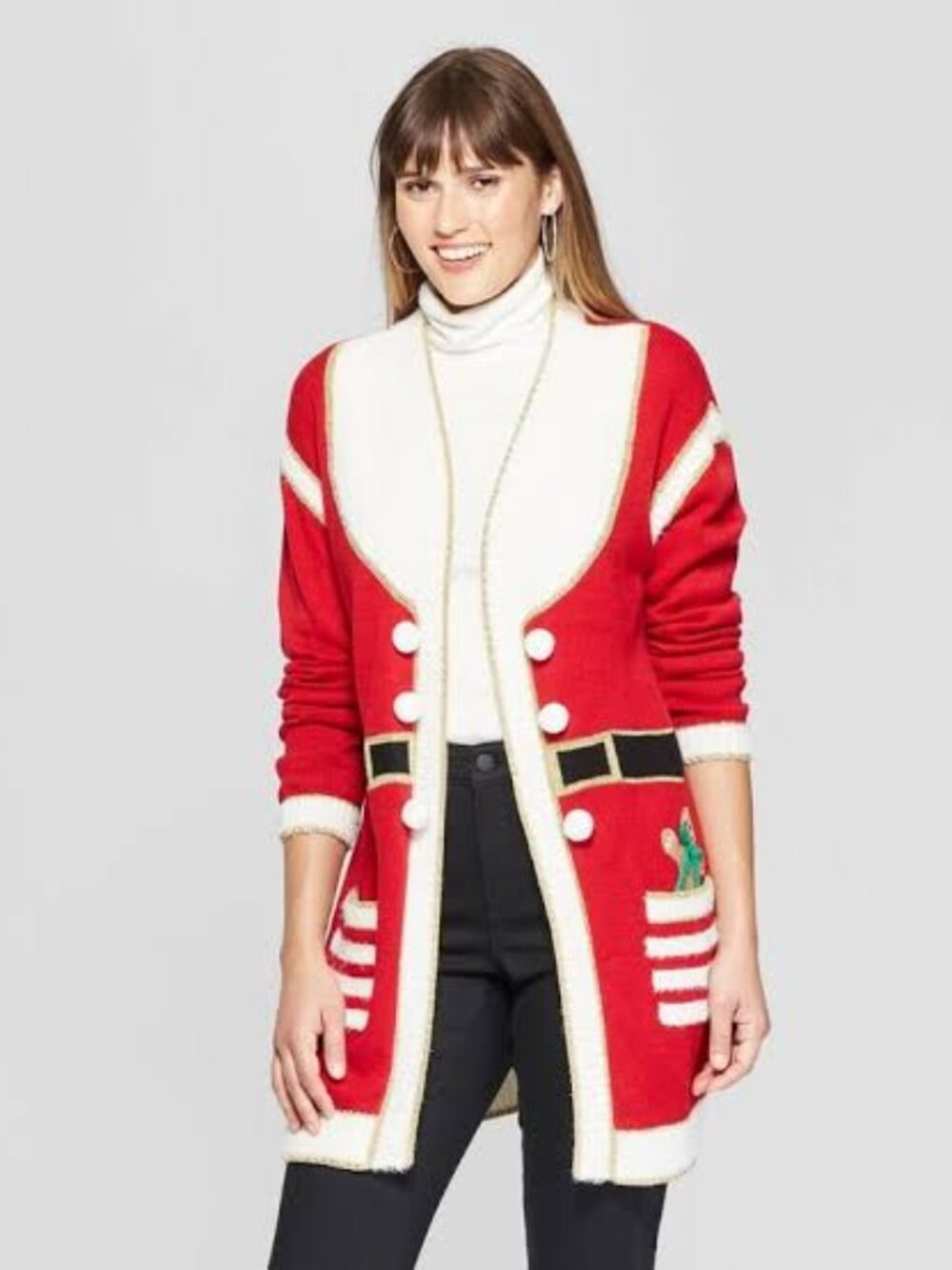 Kela Christmas Santa Tunic Cardigan Sweater Pom Poms Gold Trim Pockets Small